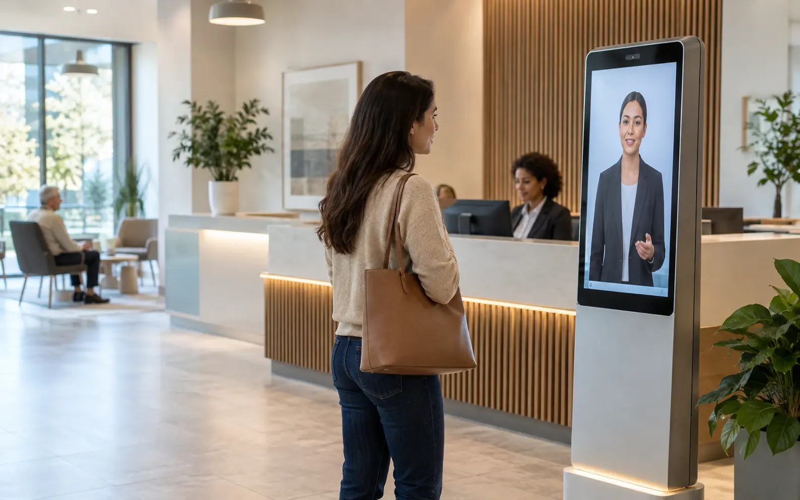 Visitor speaking with an AI presence at a healthcare reception