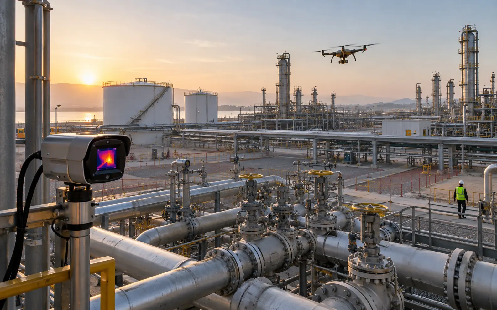 Drone and thermal sensor inspecting refinery infrastructure