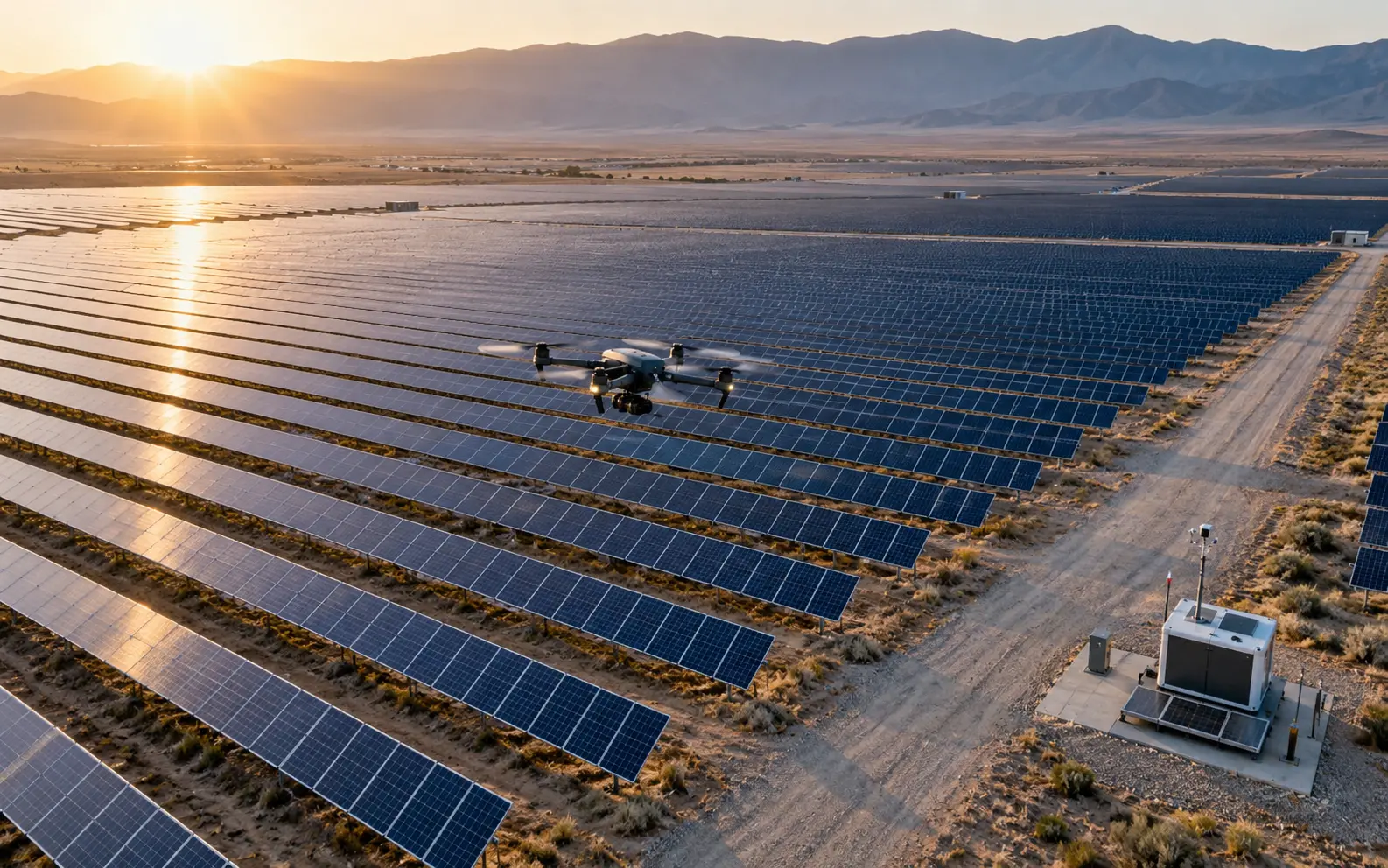 Drone inspecting a large solar farm