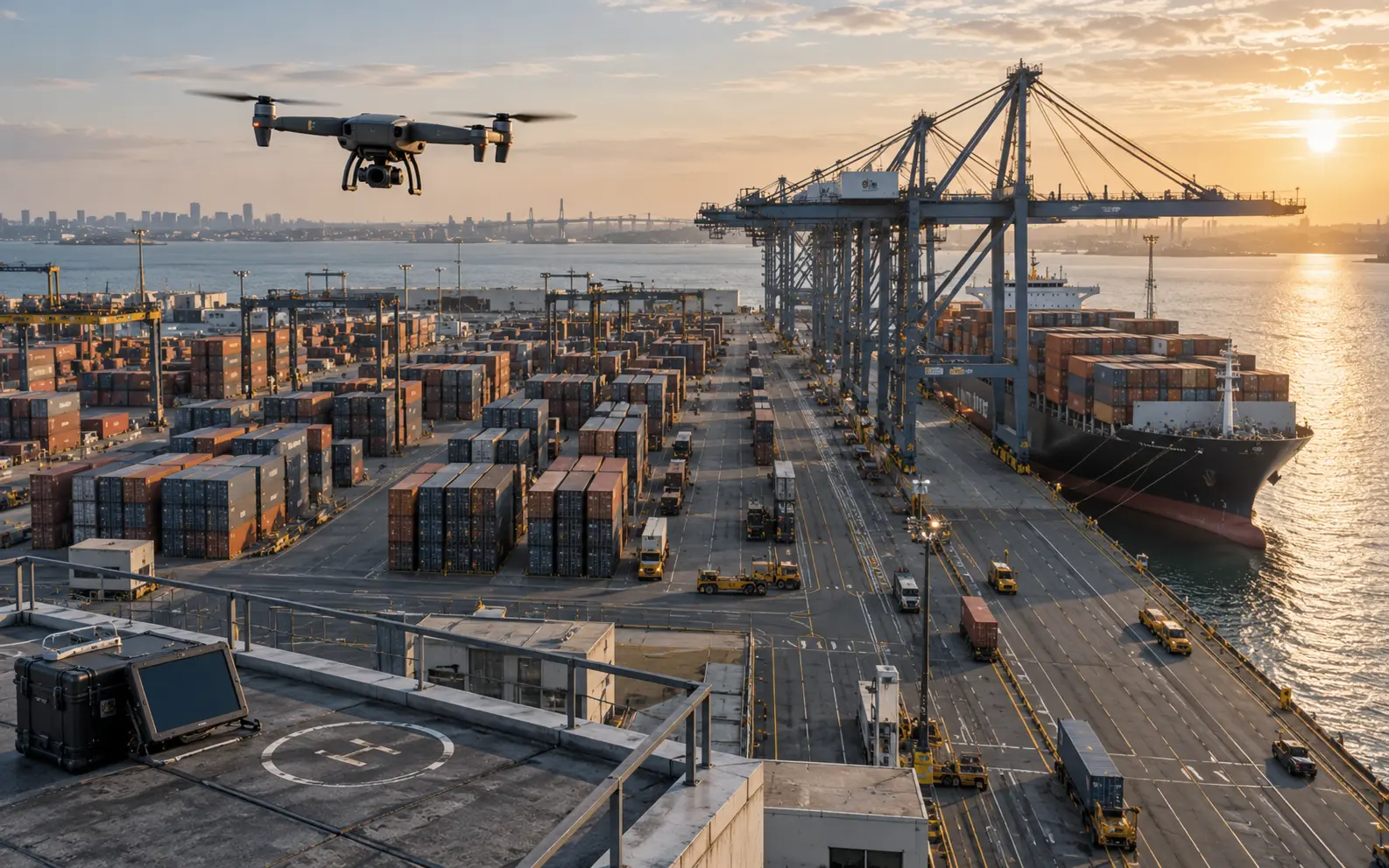 Autonomous drone monitoring a working container port