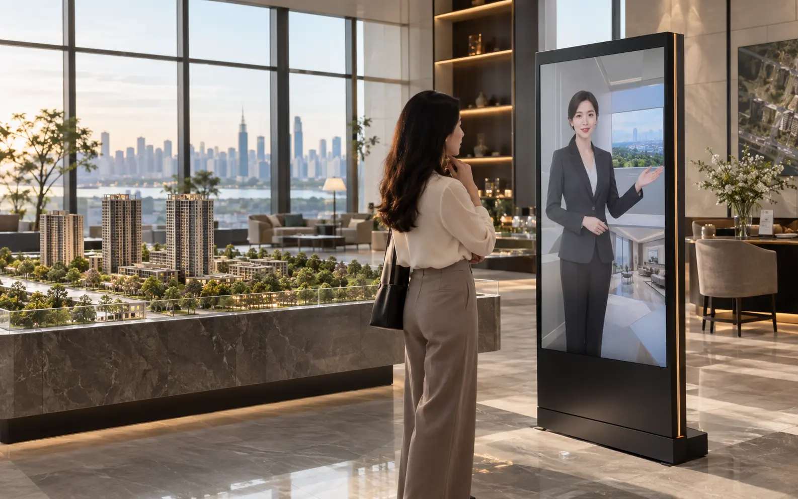 Buyer engaging with an AI property advisor beside an architectural model