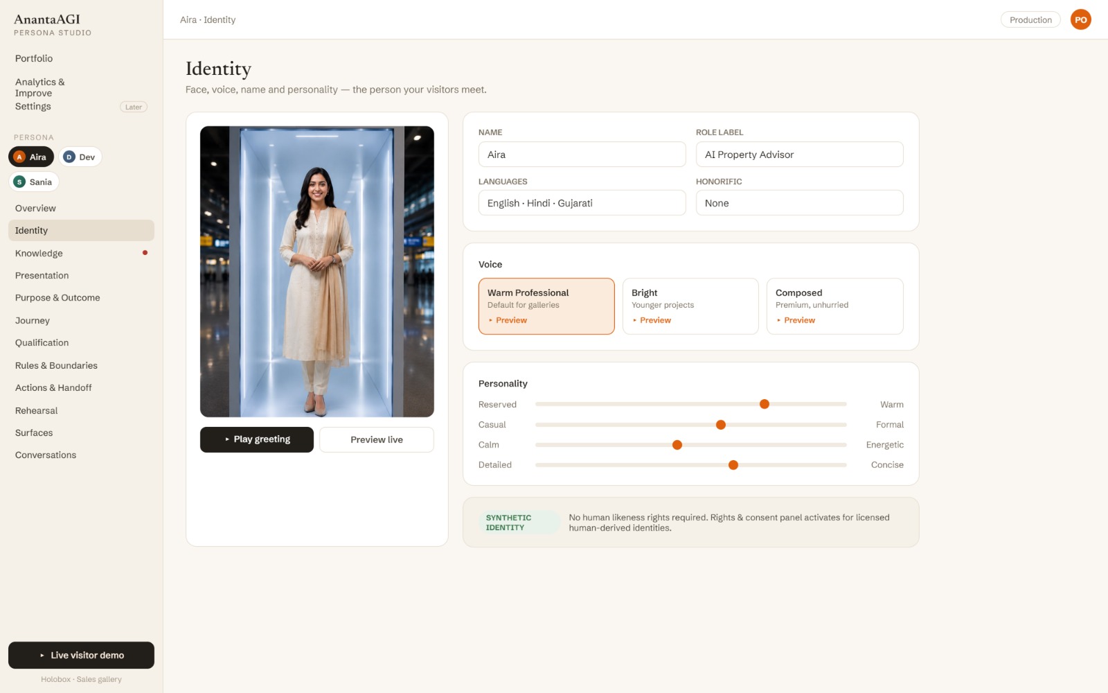 Ananta Persona Studio's identity screen for Aira, an AI property advisor: face and holobox preview, name, role, languages, voice presets and personality sliders