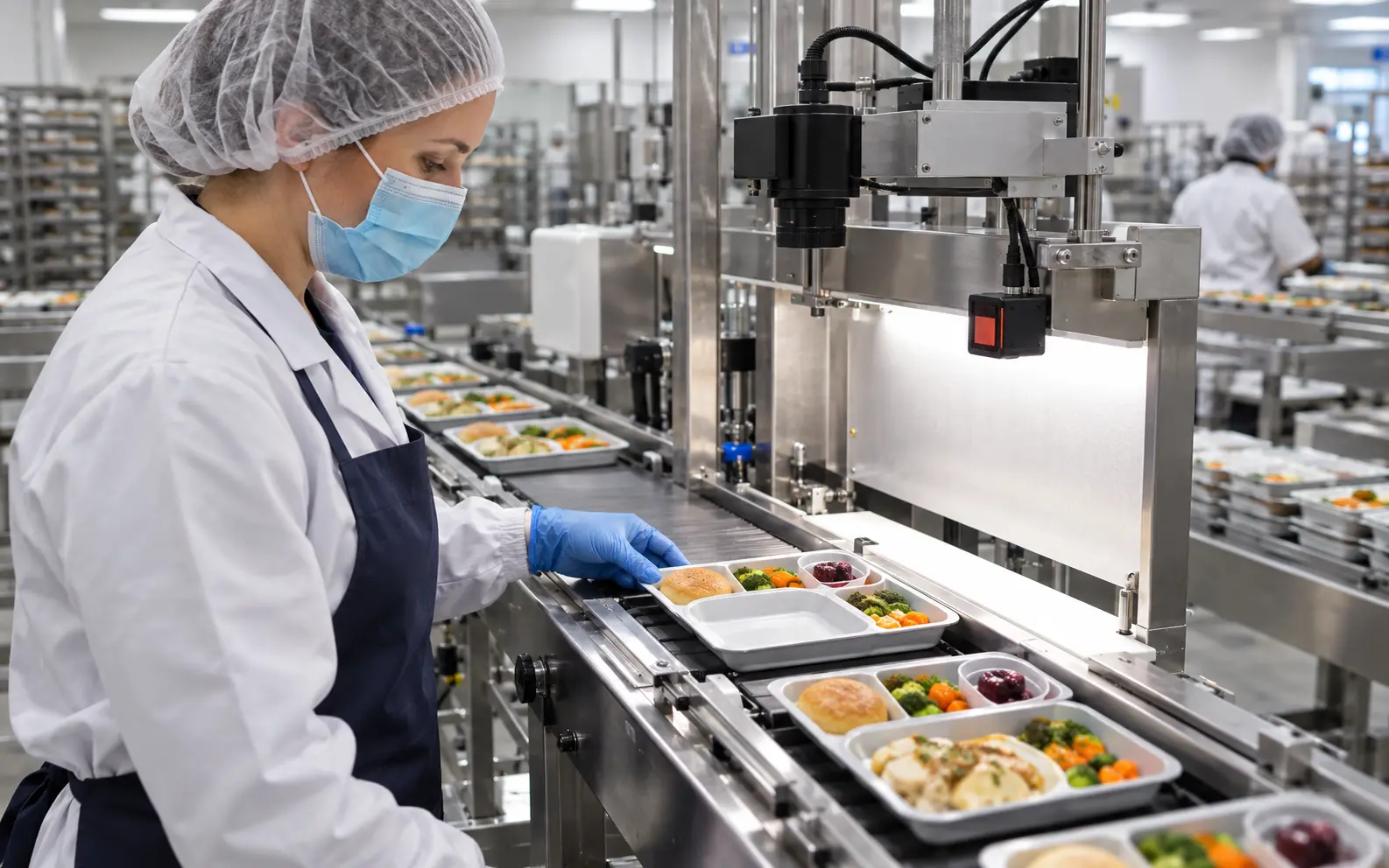 Quality operator responding to an incomplete meal tray at a vision checkpoint