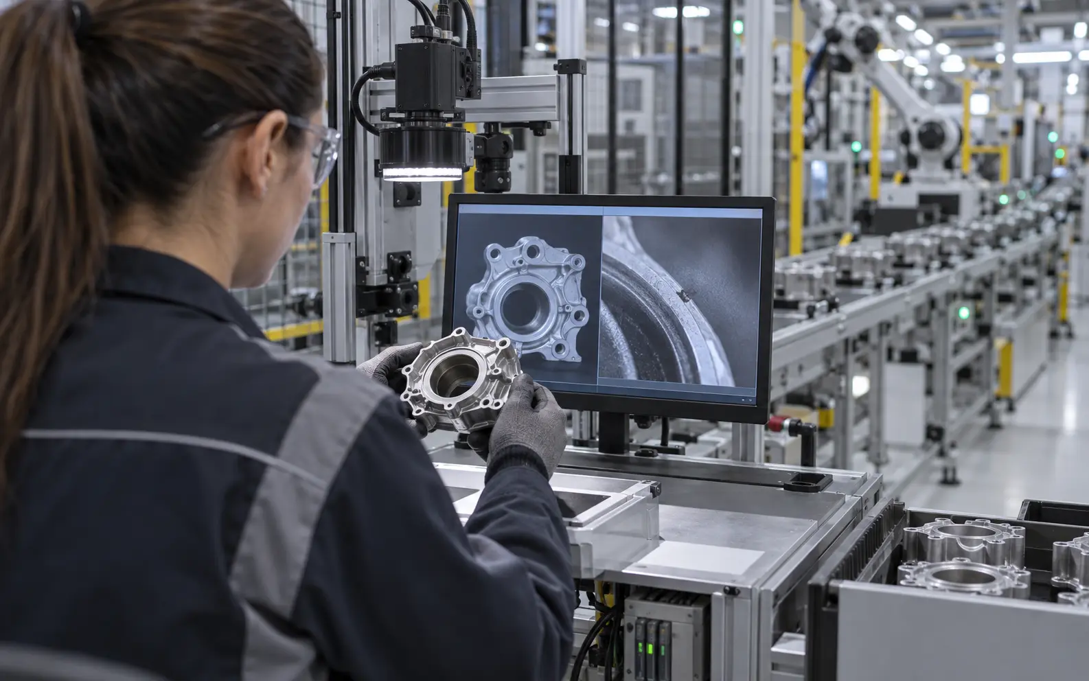 Quality engineer reviewing a machine-vision finding beside a production line