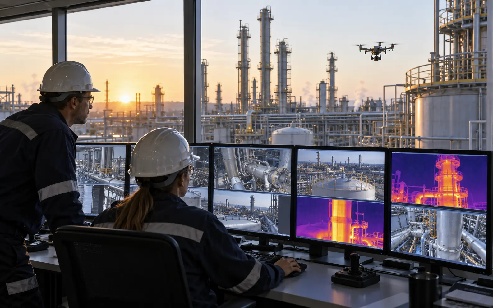 Refinery control room operators supervising a drone and thermal inspection