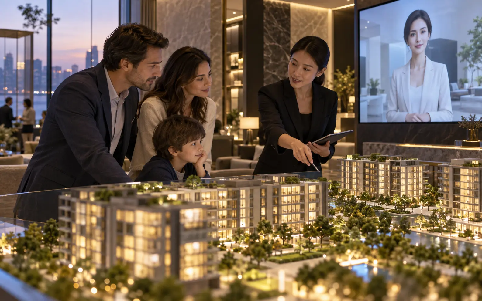 Family exploring a development with a sales advisor and AI property presence